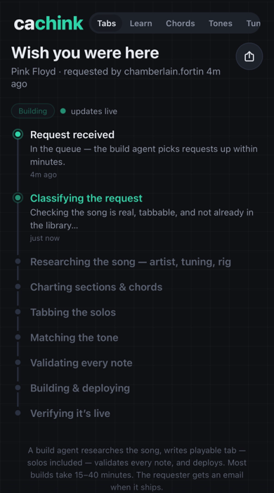 A request mid-build with the classify step active and streaming detail text