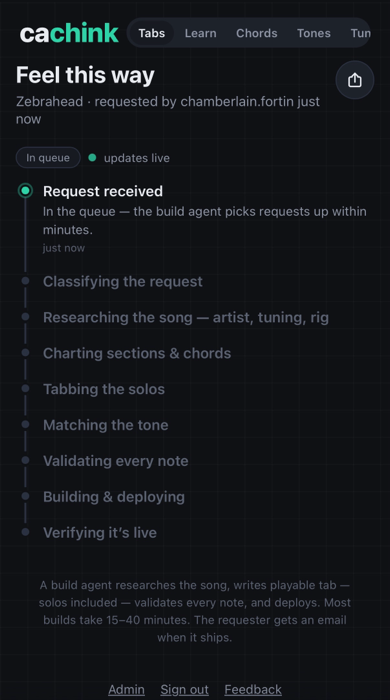 A freshly submitted tab request showing the full nine-step build plan