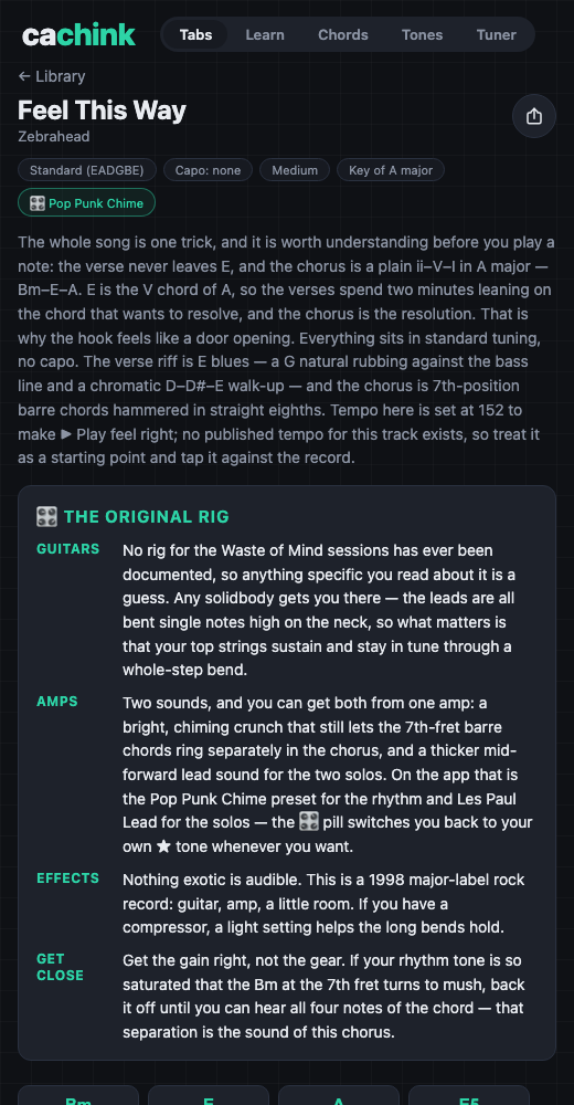 The finished Feel This Way tab page with tuning, key, tone preset and the original rig documented