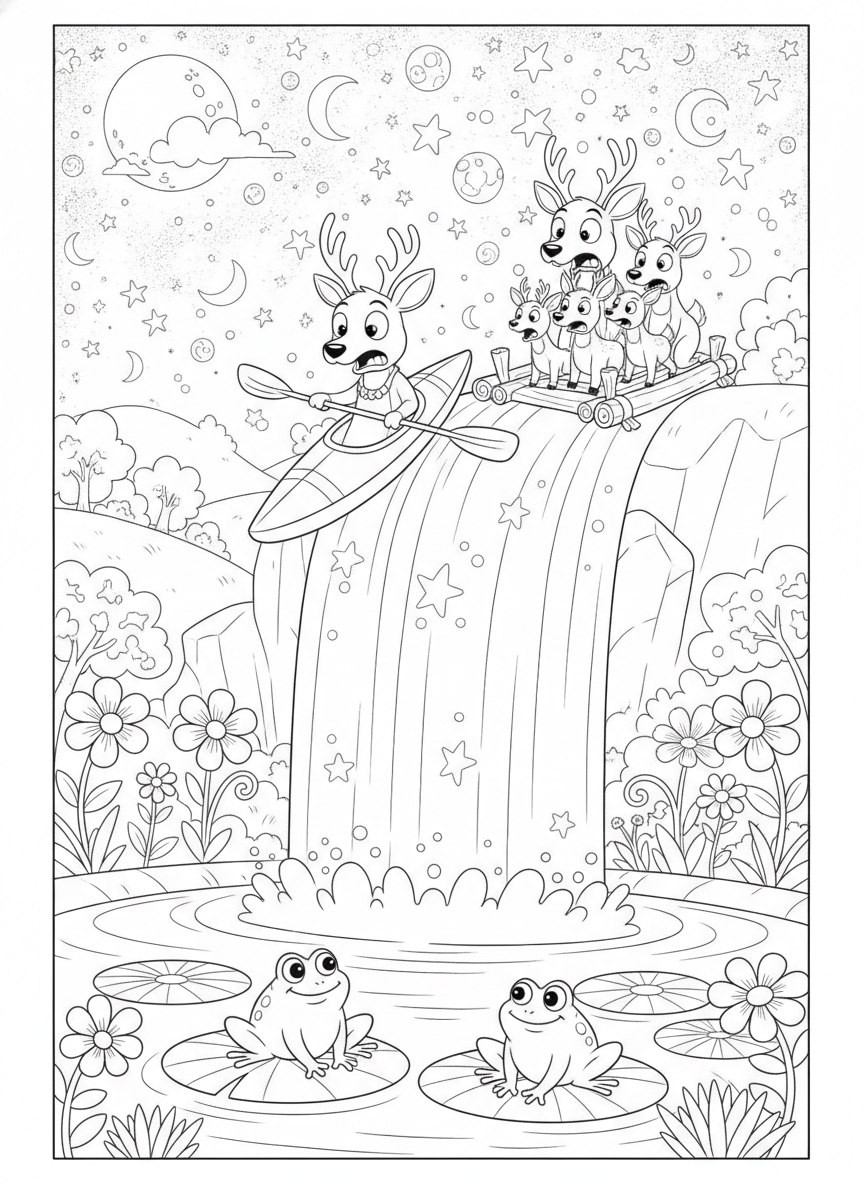 A coloring page of a deer kayaking over a waterfall with its family on a raft behind it