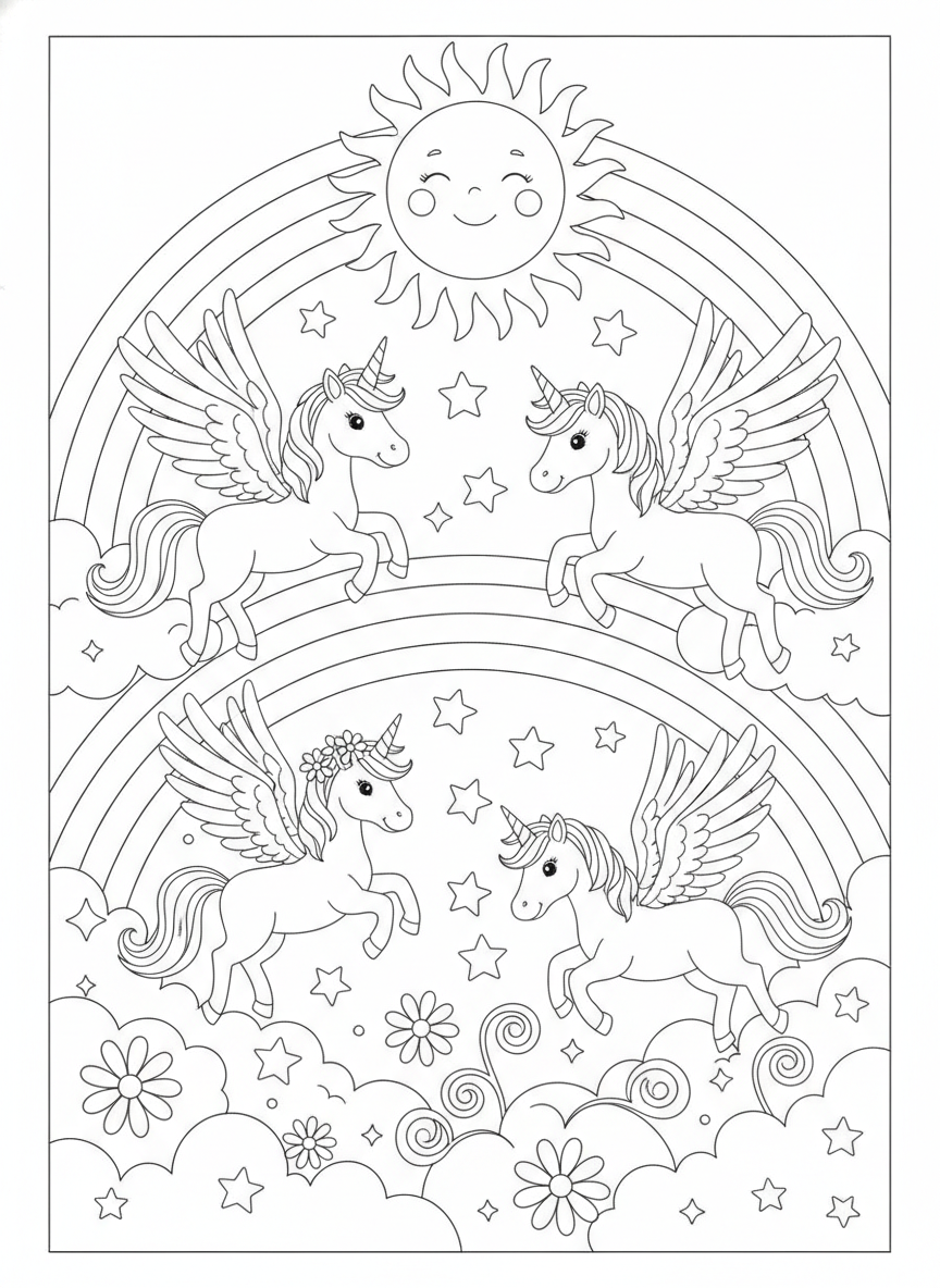 A coloring page of unicorns and winged Pegasus horses flying among rainbows, clouds and a smiling sun