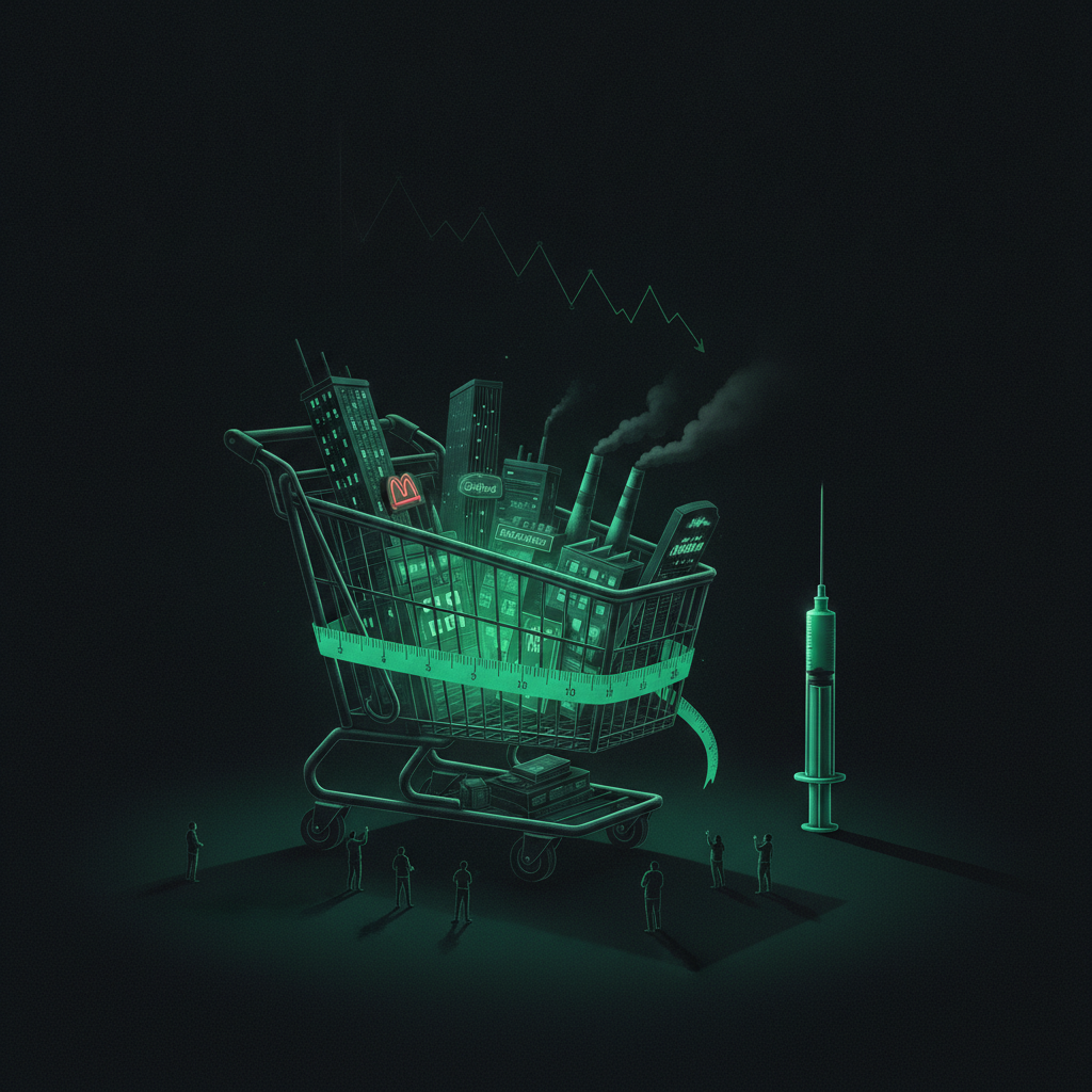 A giant shopping cart filled with skyscrapers, fast-food signs and factories, cinched by a measuring tape, shrinking beside a single towering injection pen.