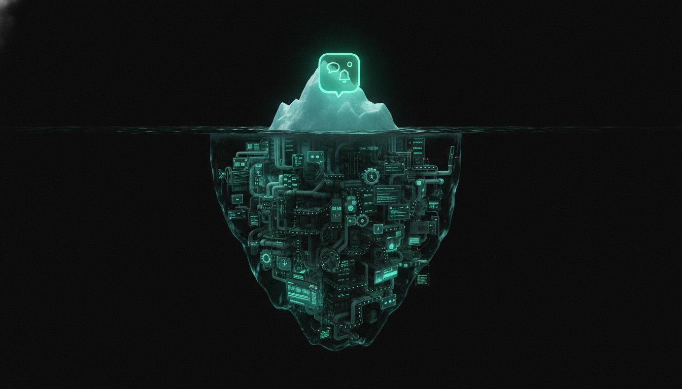 An iceberg at night: a small glowing app icon above the waterline, a massive submerged structure of servers, pipes, gears, and terminal windows below it.