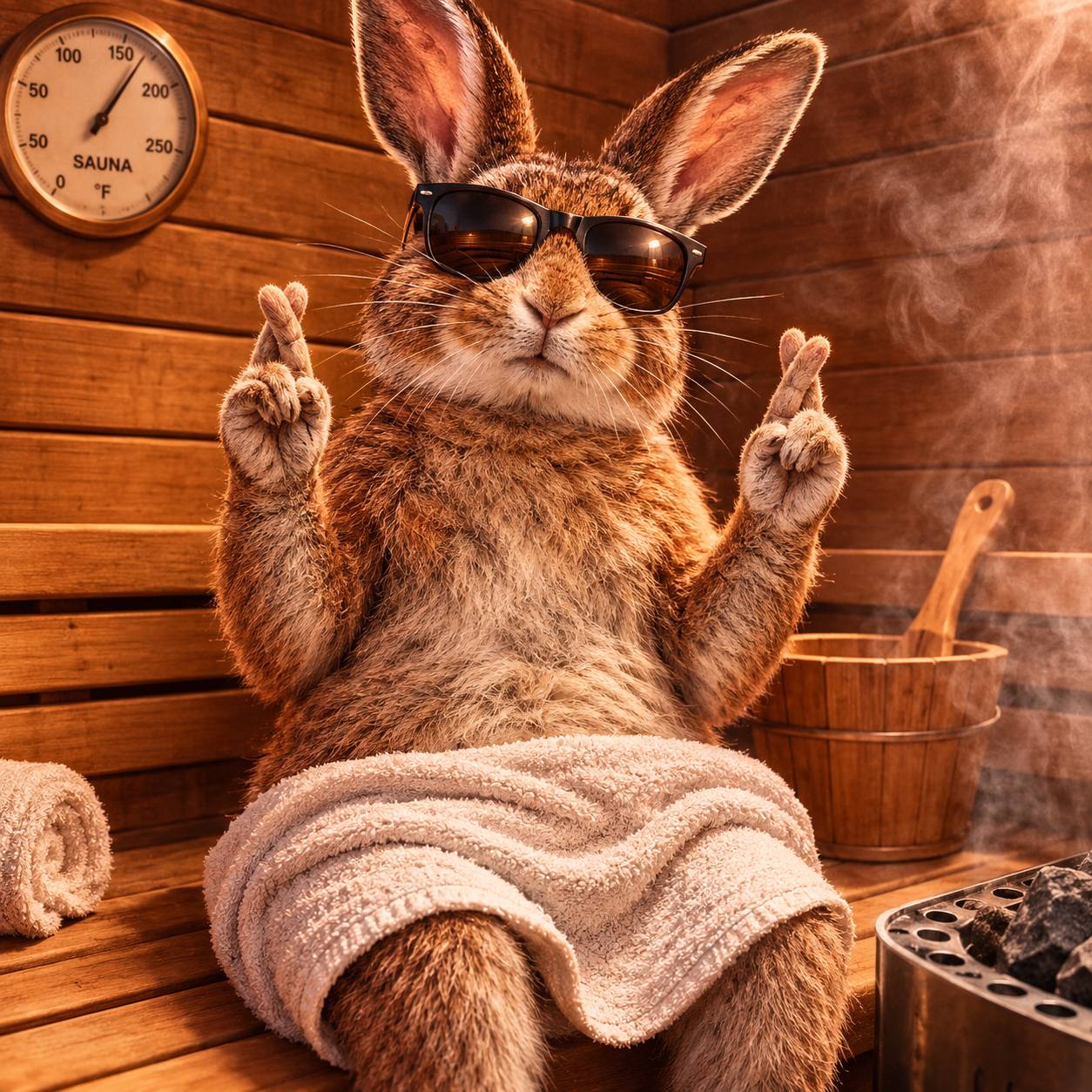 A rabbit in sunglasses and a towel lounging on a sauna bench, fingers crossed on both paws, next to a wooden bucket and hot stones, with a sauna thermometer on the wall.